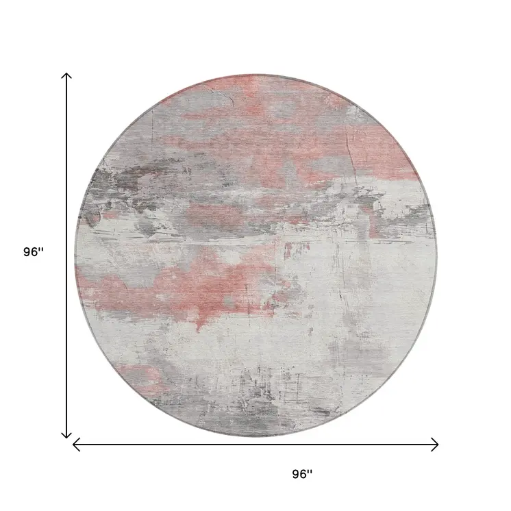8' Coral And Gray Round Abstract Washable Indoor Outdoor Area Rug