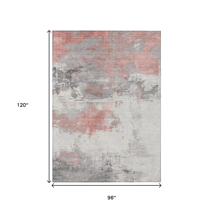 8' X 10' Coral And Gray Abstract Washable Indoor Outdoor Area Rug