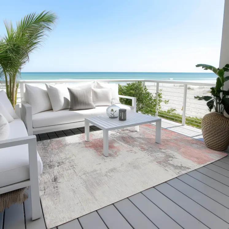 9' X 12' Coral And Gray Abstract Washable Indoor Outdoor Area Rug