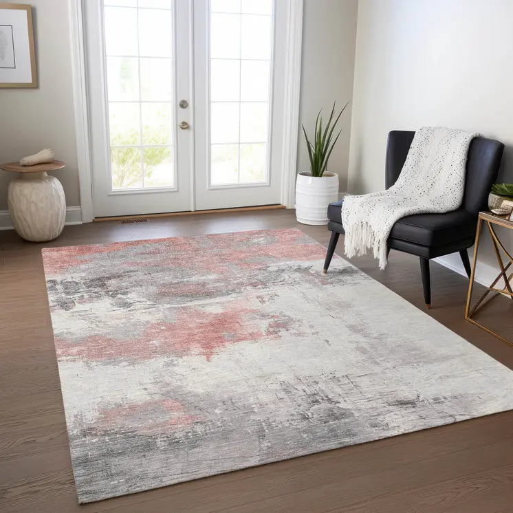 9' X 12' Coral And Gray Abstract Washable Indoor Outdoor Area Rug