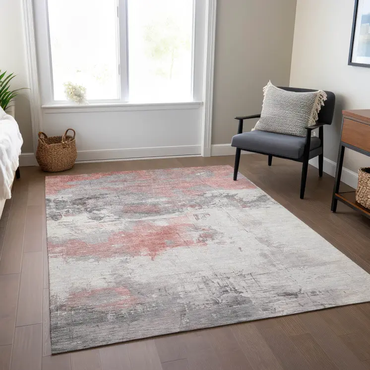 9' X 12' Coral And Gray Abstract Washable Indoor Outdoor Area Rug