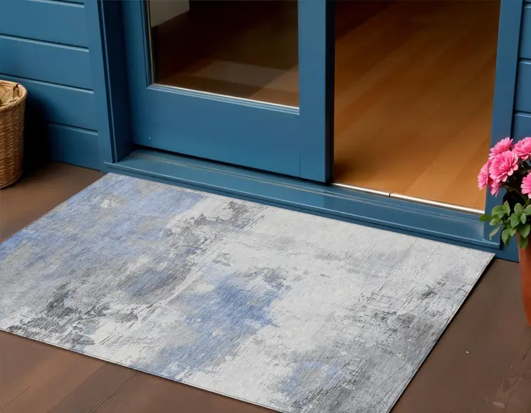3' X 5' Denim Blue And Gray Abstract Washable Indoor Outdoor Area Rug