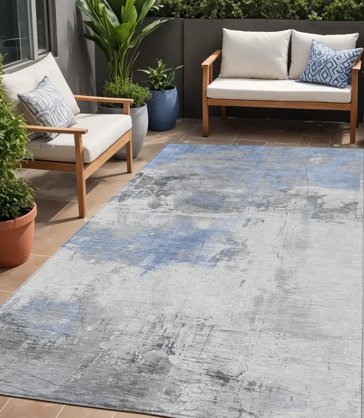 5' X 8' Denim Blue And Gray Abstract Washable Indoor Outdoor Area Rug