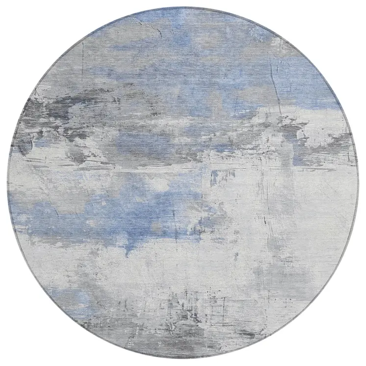 8' Denim Blue And Gray Round Abstract Washable Indoor Outdoor Area Rug