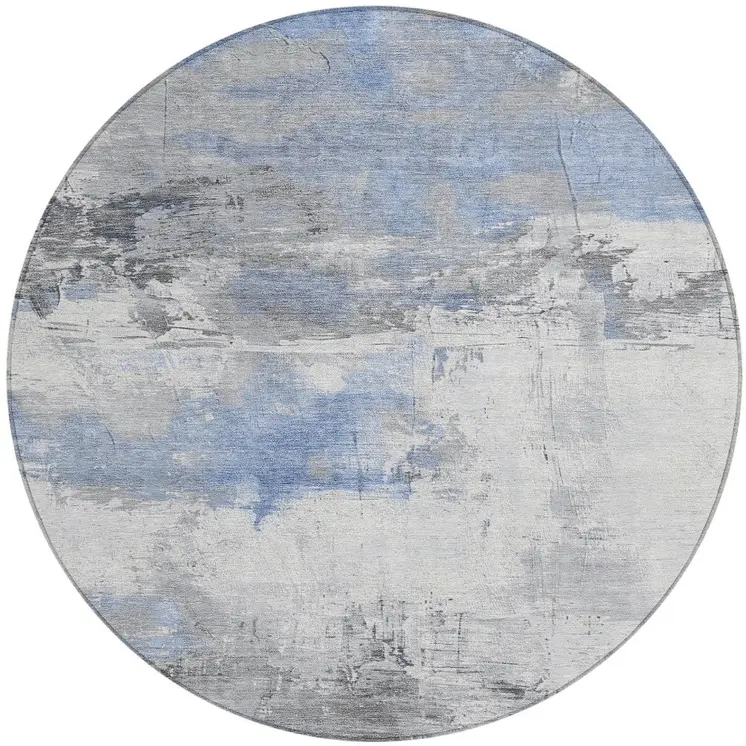 8' Denim Blue And Gray Round Abstract Washable Indoor Outdoor Area Rug