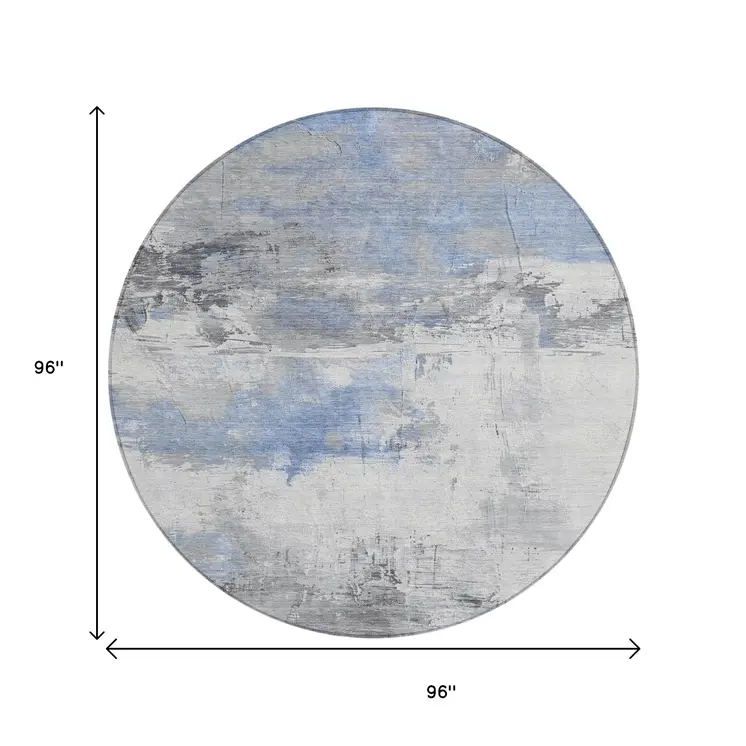 8' Denim Blue And Gray Round Abstract Washable Indoor Outdoor Area Rug
