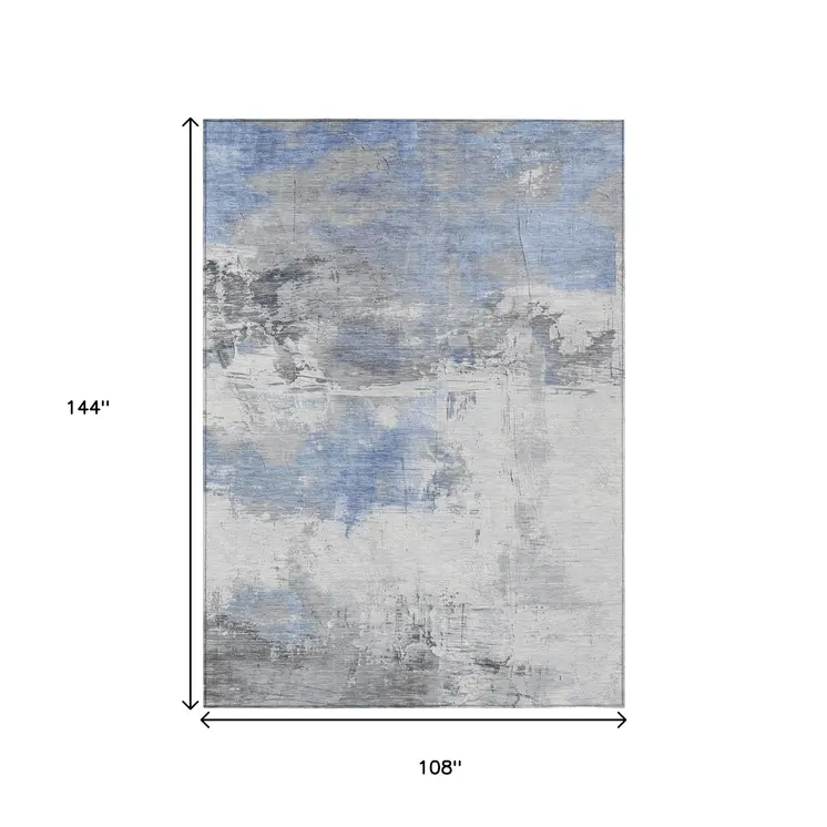 9' X 12' Denim Blue And Gray Abstract Washable Indoor Outdoor Area Rug