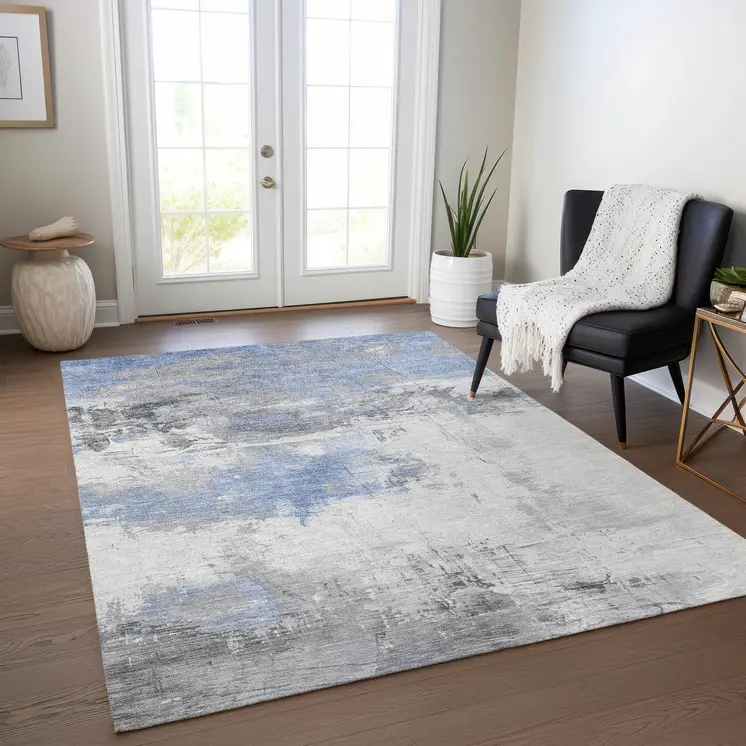 9' X 12' Denim Blue And Gray Abstract Washable Indoor Outdoor Area Rug