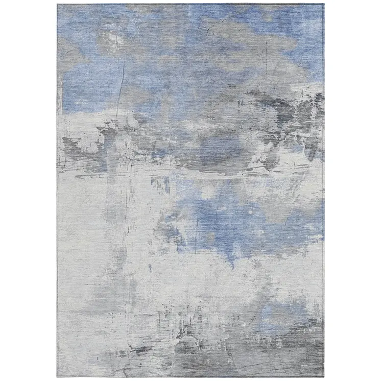 10' X 14' Denim Blue And Gray Abstract Washable Indoor Outdoor Area Rug