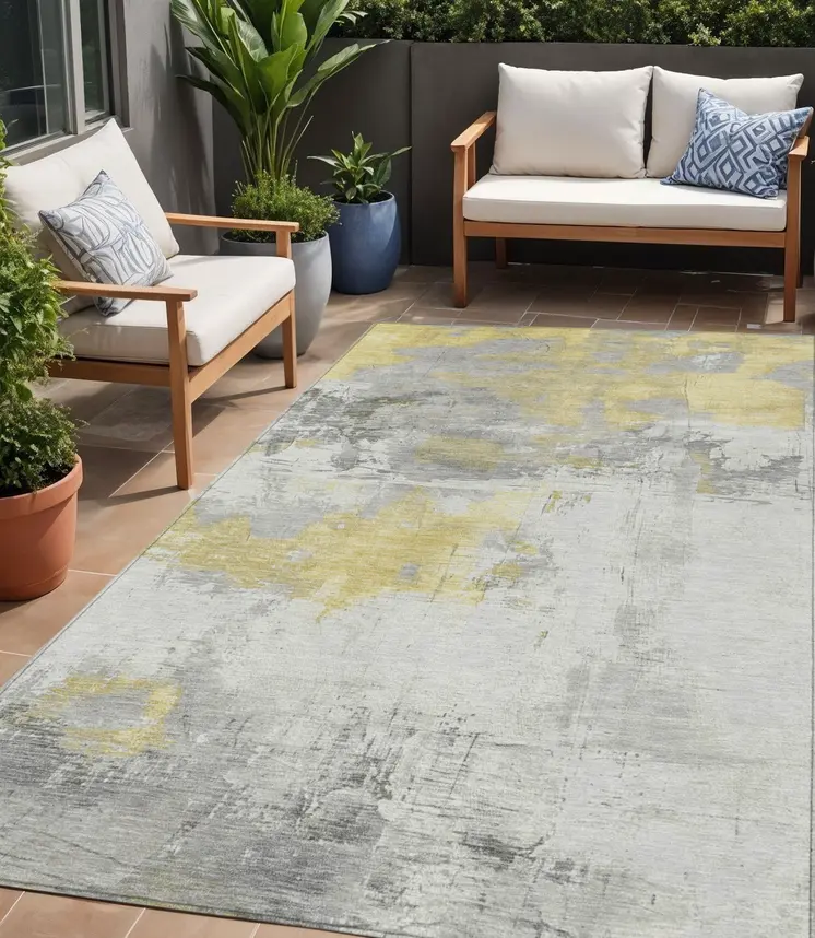 5' X 8' Gold And Gray Abstract Washable Indoor Outdoor Area Rug