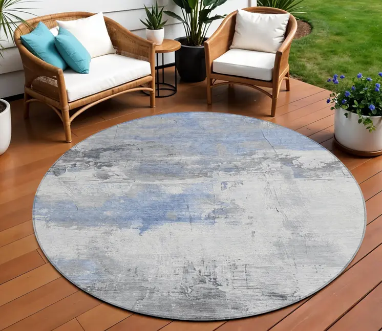 8' Gold And Gray Round Abstract Washable Indoor Outdoor Area Rug