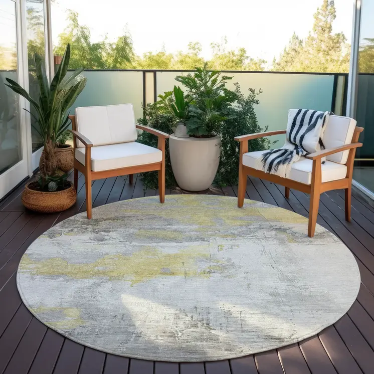 8' Gold And Gray Round Abstract Washable Indoor Outdoor Area Rug