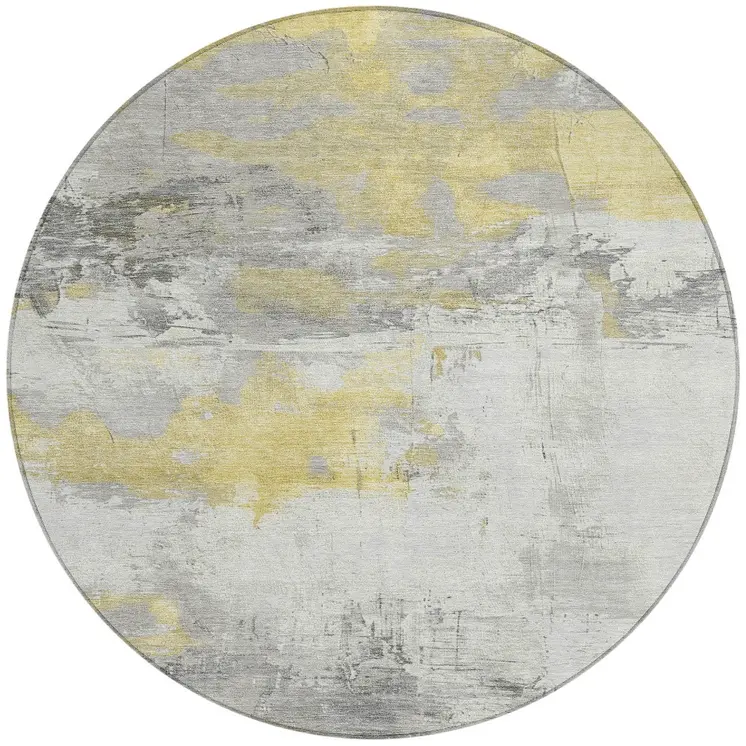 8' Gold And Gray Round Abstract Washable Indoor Outdoor Area Rug