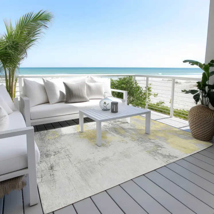 9' X 12' Gold And Gray Abstract Washable Indoor Outdoor Area Rug