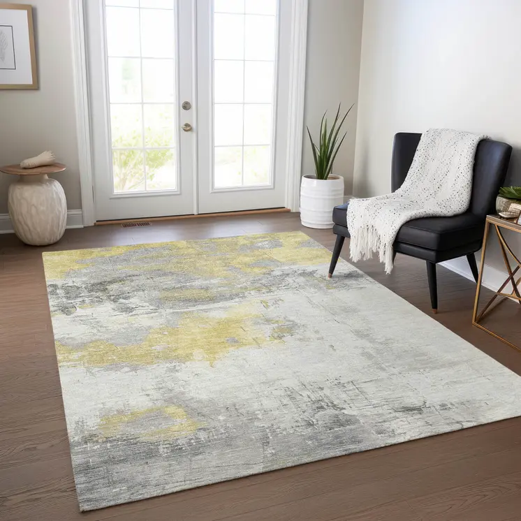 10' X 14' Gold And Gray Abstract Washable Indoor Outdoor Area Rug