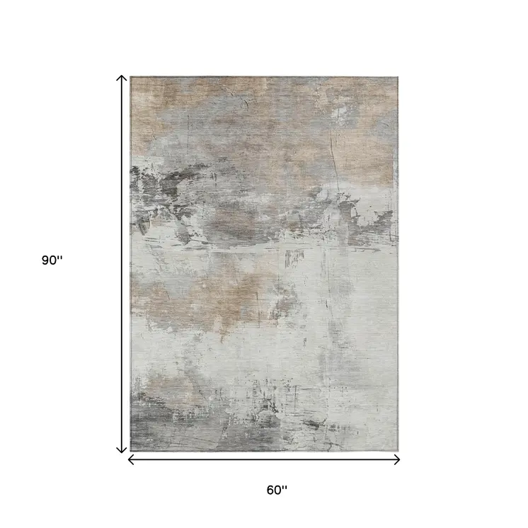 5' X 8' Ivory And Gray Abstract Washable Indoor Outdoor Area Rug
