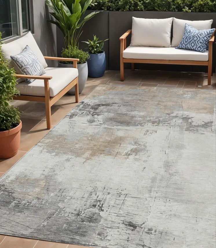 5' X 8' Ivory And Gray Abstract Washable Indoor Outdoor Area Rug