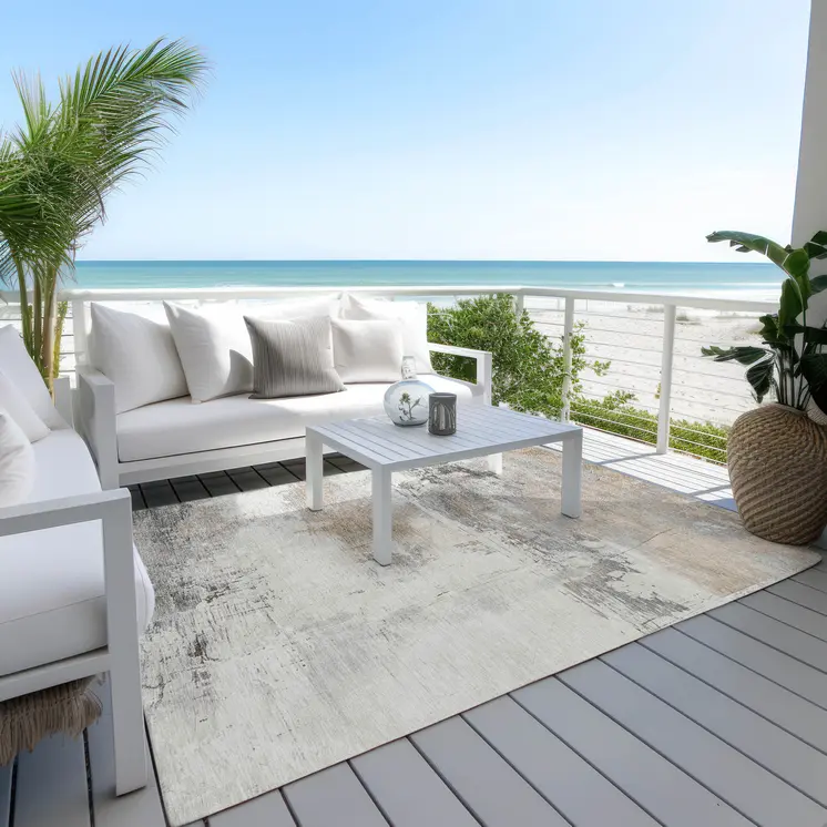 5' X 8' Ivory And Gray Abstract Washable Indoor Outdoor Area Rug