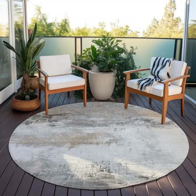 8' Ivory And Gray Round Abstract Washable Indoor Outdoor Area Rug