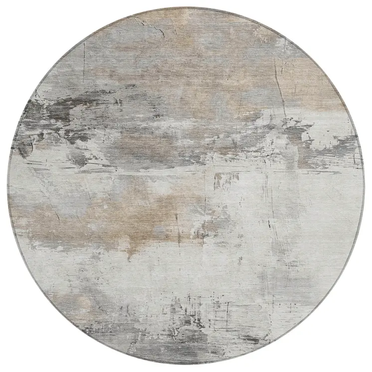 8' Ivory And Gray Round Abstract Washable Indoor Outdoor Area Rug