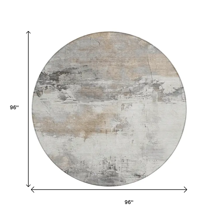 8' Ivory And Gray Round Abstract Washable Indoor Outdoor Area Rug