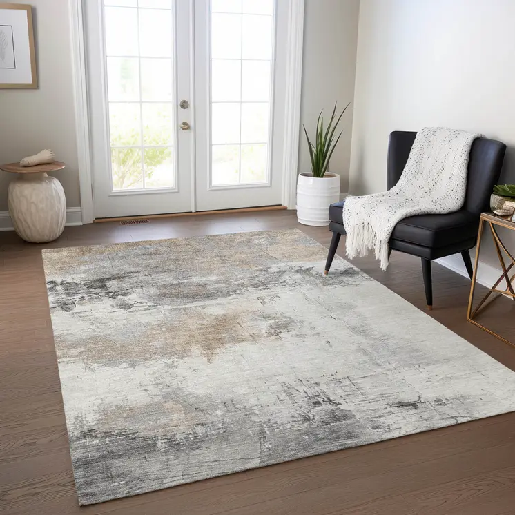 9' X 12' Ivory And Gray Abstract Washable Indoor Outdoor Area Rug