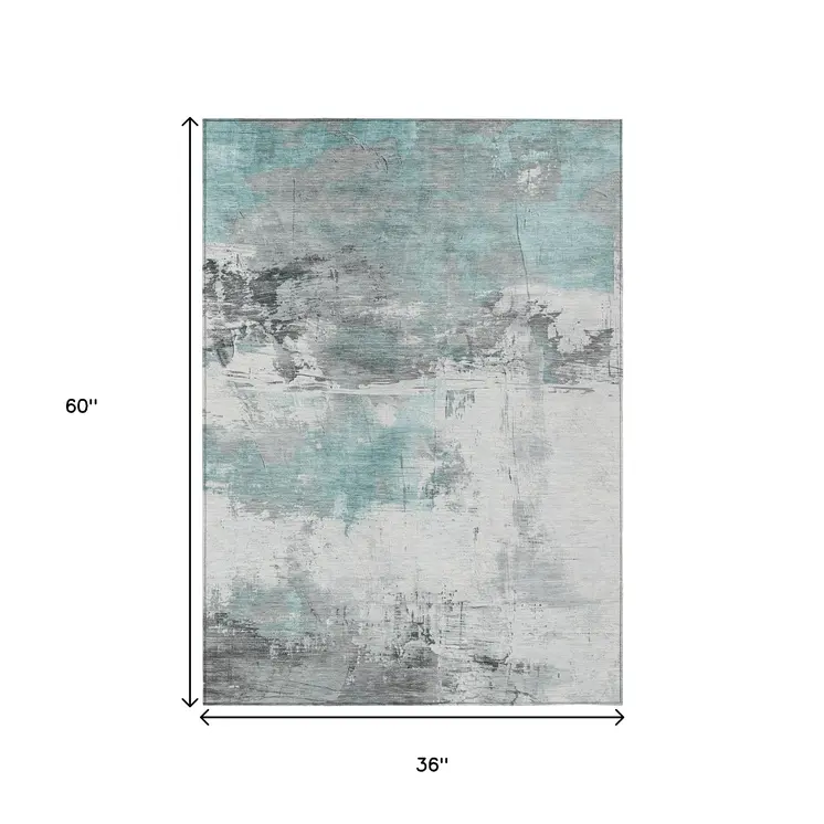 3' X 5' Teal Blue And Gray Abstract Washable Indoor Outdoor Area Rug