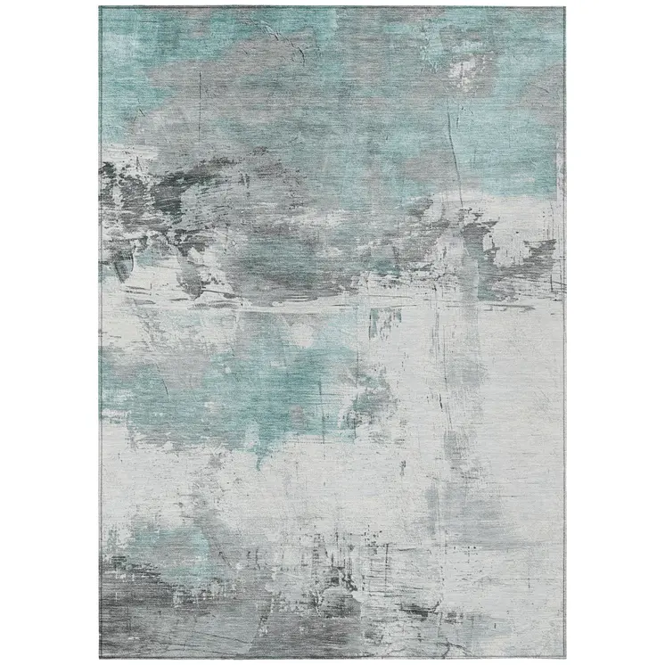 3' X 5' Teal Blue And Gray Abstract Washable Indoor Outdoor Area Rug