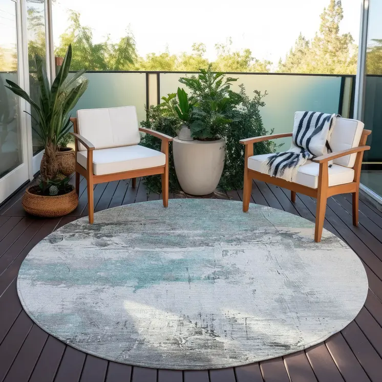 8' Teal Blue And Gray Round Abstract Washable Indoor Outdoor Area Rug