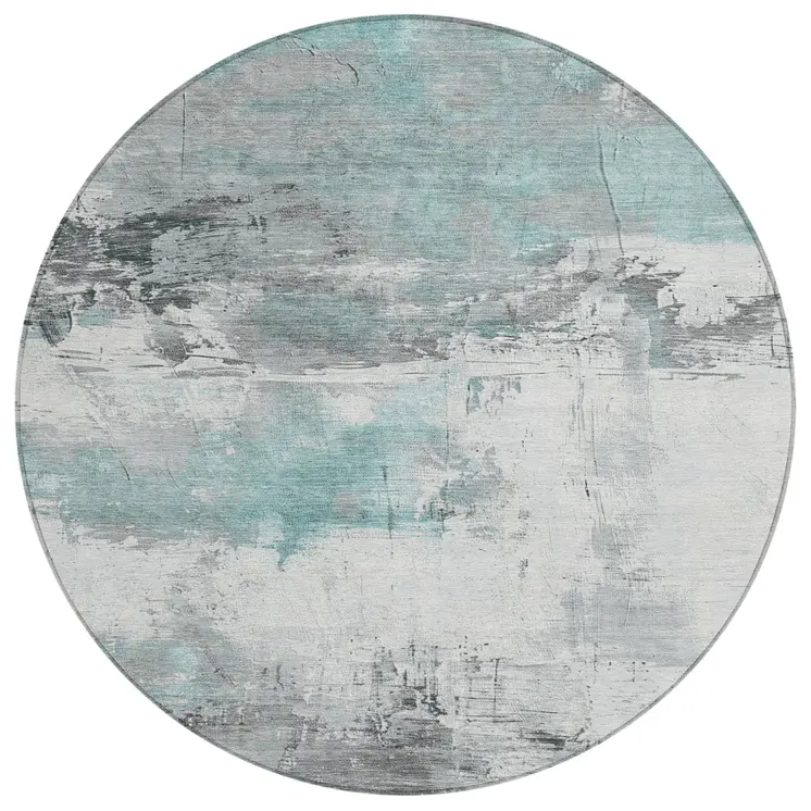 8' Teal Blue And Gray Round Abstract Washable Indoor Outdoor Area Rug