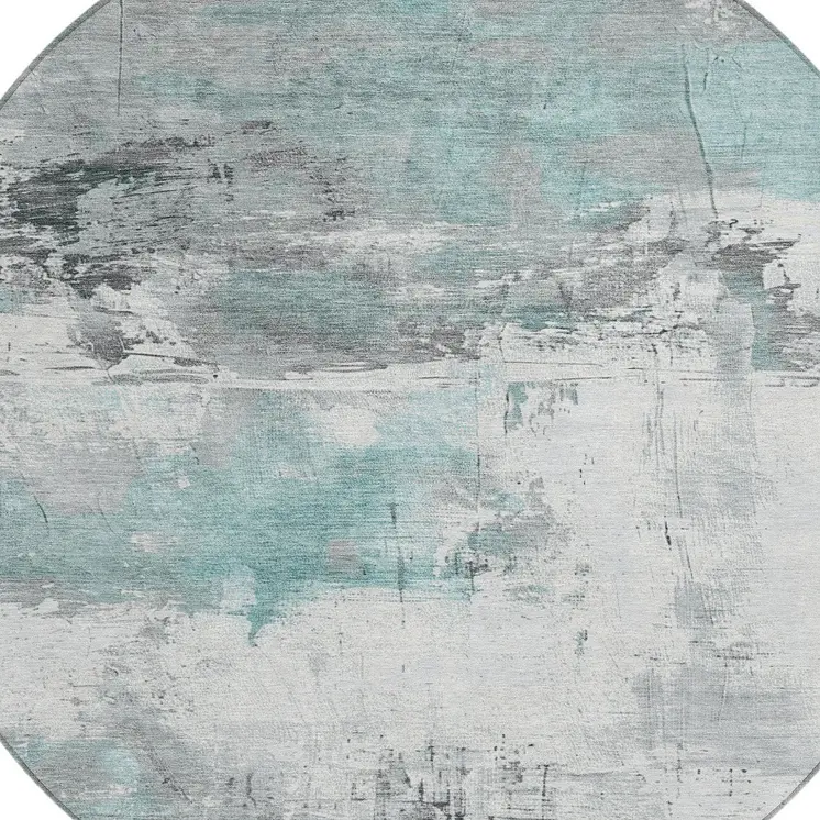 8' Teal Blue And Gray Round Abstract Washable Indoor Outdoor Area Rug