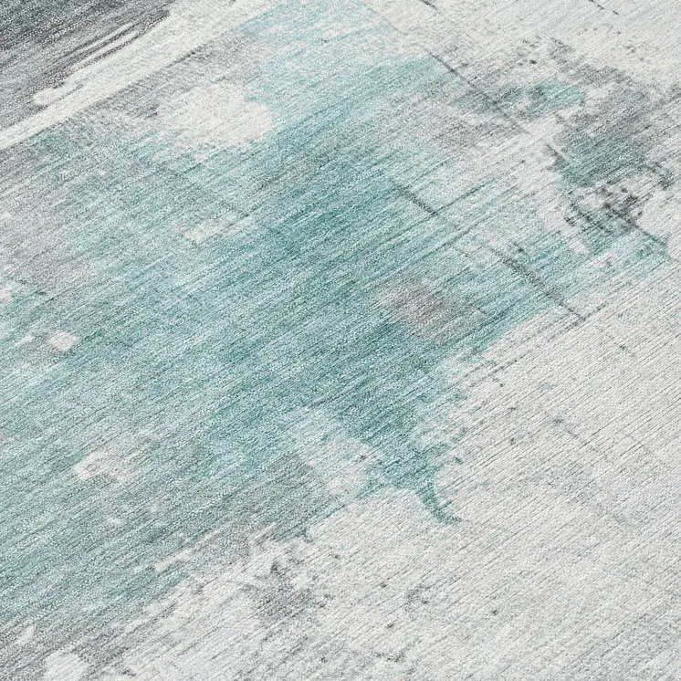 8' Teal Blue And Gray Round Abstract Washable Indoor Outdoor Area Rug