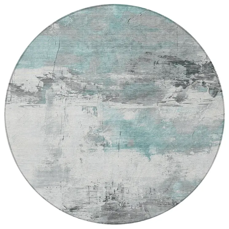 8' Teal Blue And Gray Round Abstract Washable Indoor Outdoor Area Rug