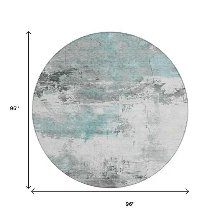 8' Teal Blue And Gray Round Abstract Washable Indoor Outdoor Area Rug