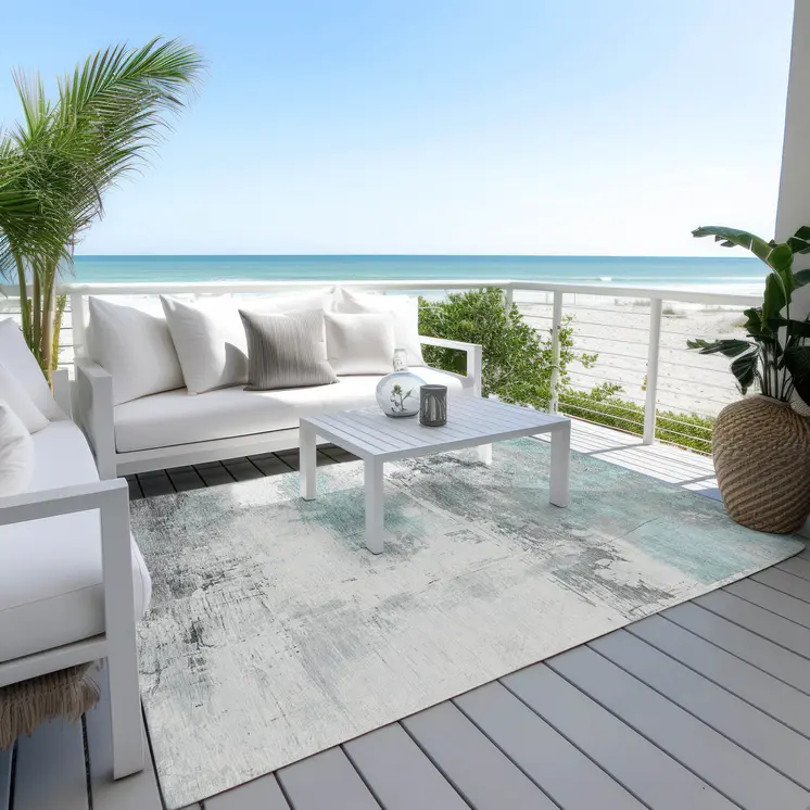 8' X 10' Teal Blue And Gray Abstract Washable Indoor Outdoor Area Rug