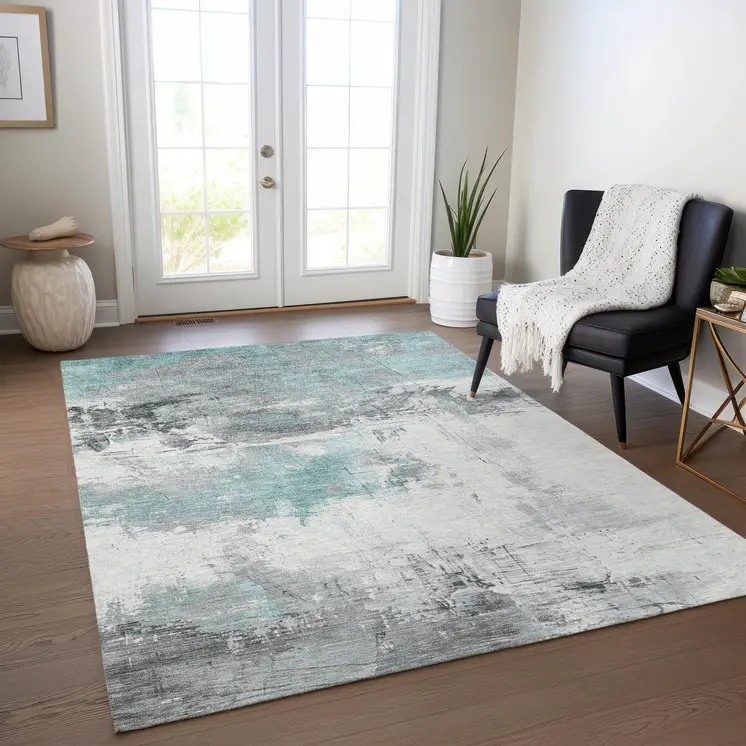8' X 10' Teal Blue And Gray Abstract Washable Indoor Outdoor Area Rug