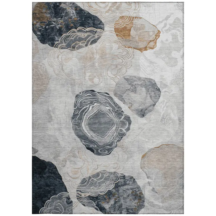 3' X 5' Gray Silver And Gold Floral Washable Indoor Outdoor Area Rug