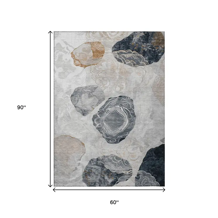 5' X 8' Gray Silver And Gold Floral Washable Indoor Outdoor Area Rug
