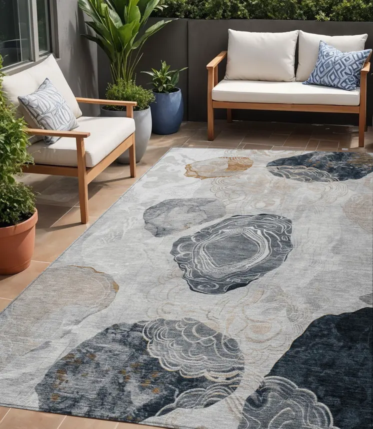 5' X 8' Gray Silver And Gold Floral Washable Indoor Outdoor Area Rug