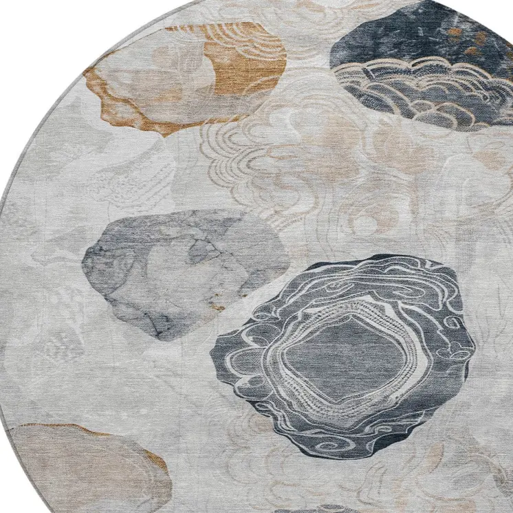 8' Gray Silver And Gold Round Floral Washable Indoor Outdoor Area Rug