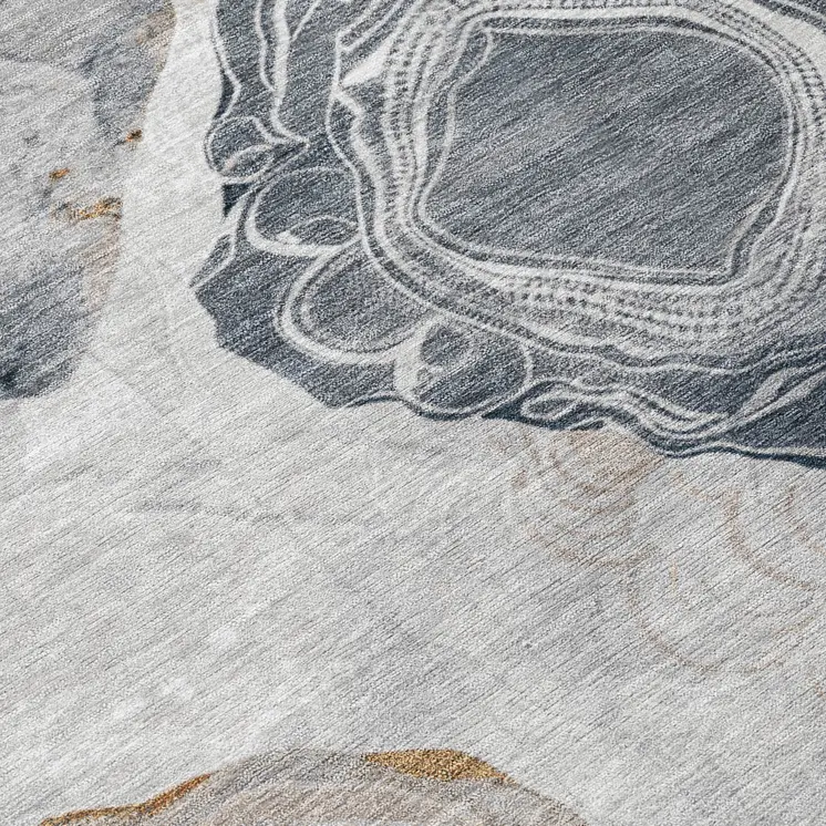 8' Gray Silver And Gold Round Floral Washable Indoor Outdoor Area Rug