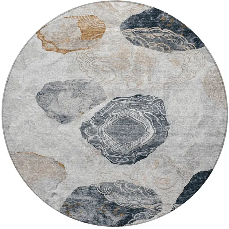 8' Gray Silver And Gold Round Floral Washable Indoor Outdoor Area Rug