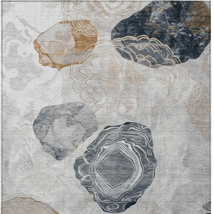 8' X 10' Gray Silver And Gold Floral Washable Indoor Outdoor Area Rug