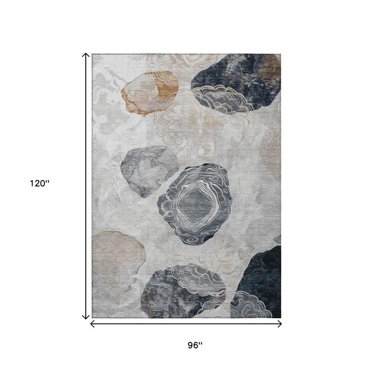 8' X 10' Gray Silver And Gold Floral Washable Indoor Outdoor Area Rug