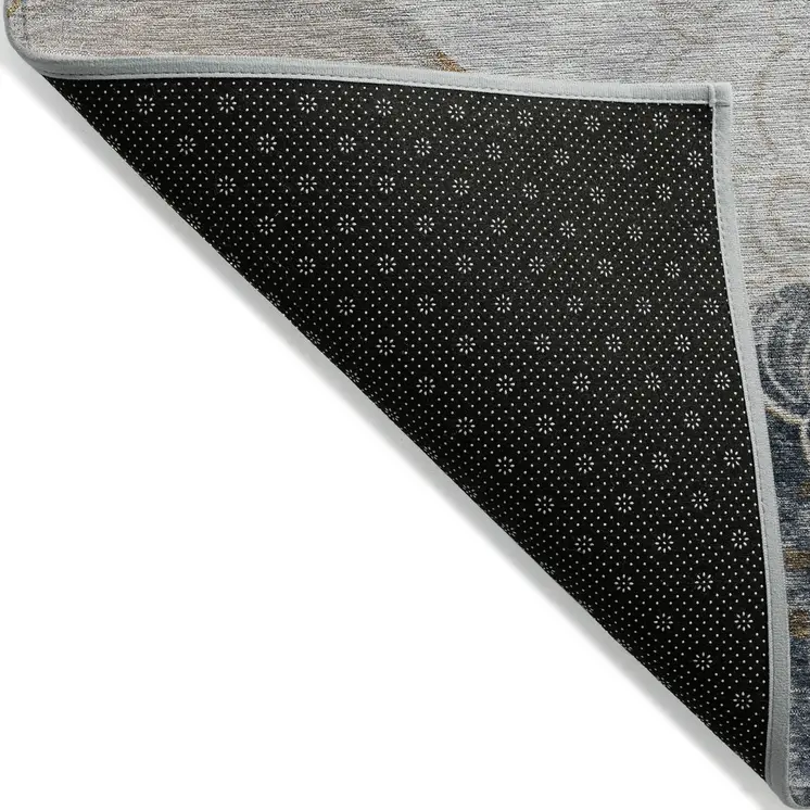 8' X 10' Gray Silver And Gold Floral Washable Indoor Outdoor Area Rug