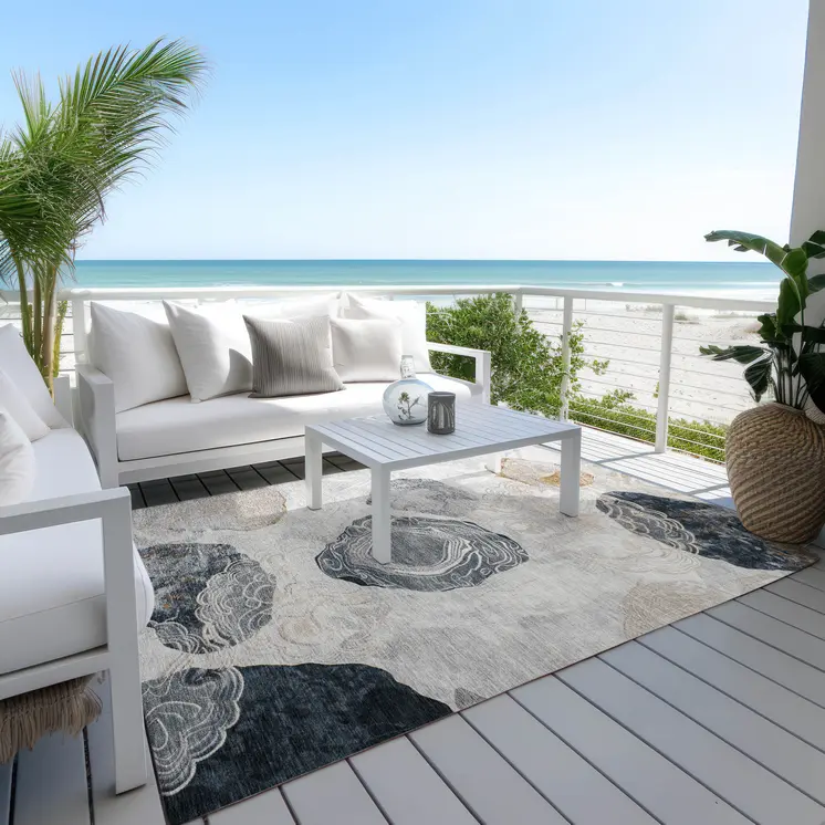 9' X 12' Gray Silver And Gold Floral Washable Indoor Outdoor Area Rug