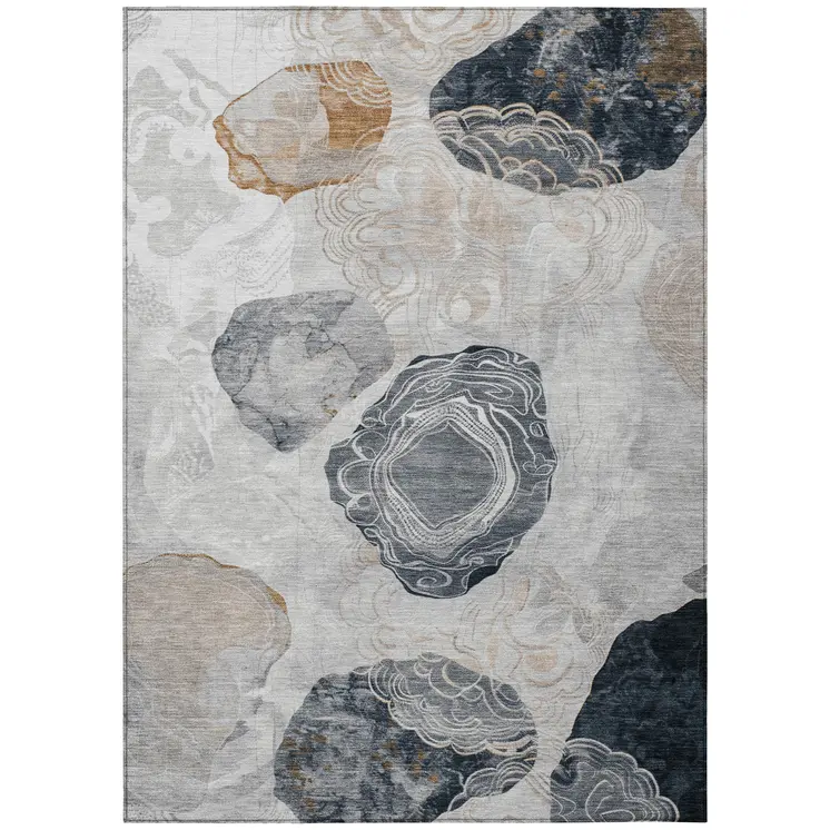 9' X 12' Gray Silver And Gold Floral Washable Indoor Outdoor Area Rug