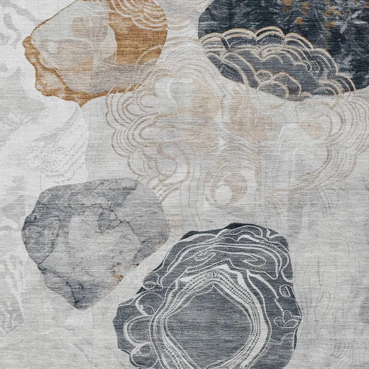 9' X 12' Gray Silver And Gold Floral Washable Indoor Outdoor Area Rug