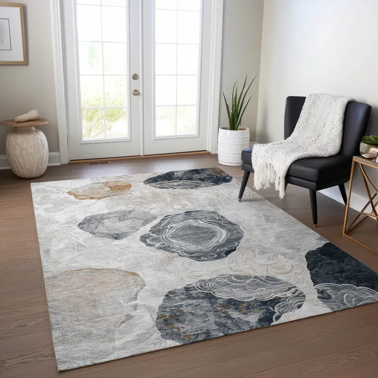 9' X 12' Gray Silver And Gold Floral Washable Indoor Outdoor Area Rug