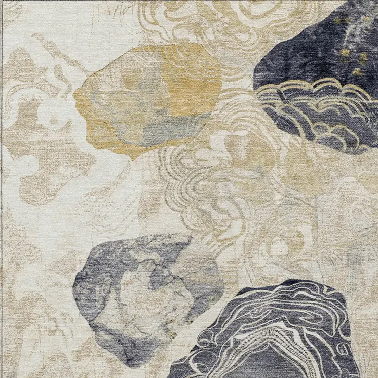 3' X 5' Ivory Gold And Gray Floral Washable Indoor Outdoor Area Rug